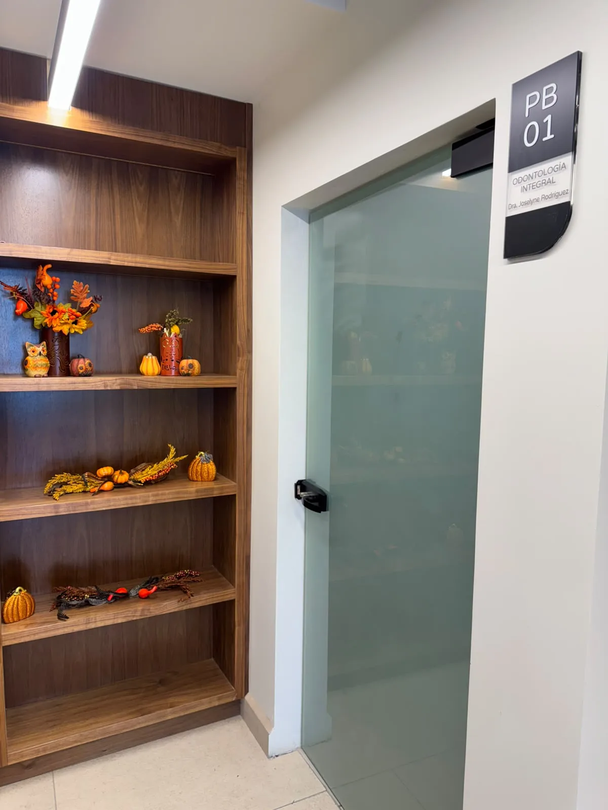 Entrada del consultorio con repisas de madera decoradas y la puerta de cristal